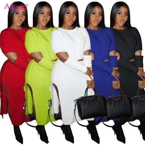 Adogirl 2020 Fall Winter Solid Sweater Two Piece Set Dress Cutout Long Sleeve Crop Top High Slit Maxi Skirt Knitted Suits