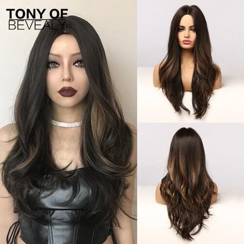 Women Long Wavy Natural Wigs Ombre Dark Brown Golden with Highlight Cosplay Middle Part Synthetic Hair Wigs Heat Resistant