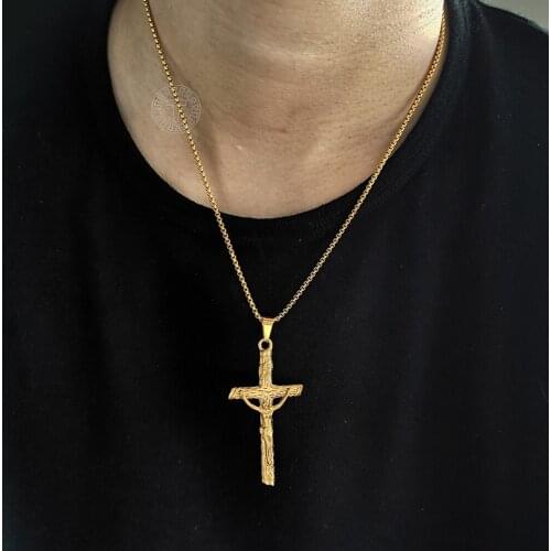 INRI Crucifix Piece Jesus Pendant Necklace for Men Women Gold Silver Color Stainless Steel Box Chain Cross Jewelry Gifts LKPM148