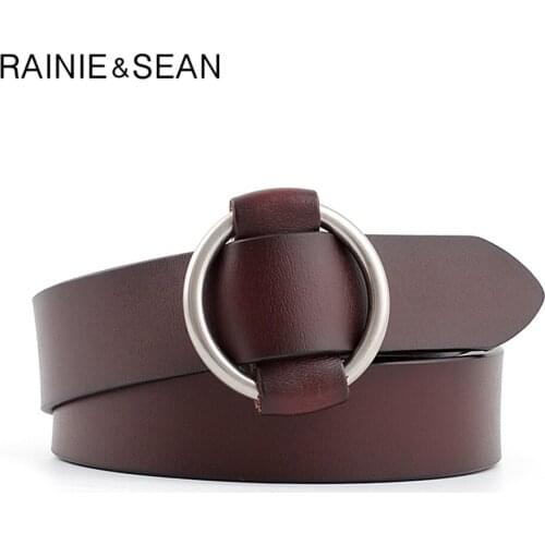 RAINIE SEAN Women Belt Genuine Leather No Hole Ladies Waist Belt for Jeans Solid Brown Belt for Women Female Cowskin Accessories