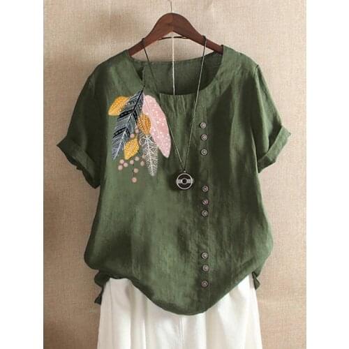Leaves Print Women T Shirt Cotton And Linen O-Neck Short Sleeve Tops Summer Green Button T-Shirt Female Plus Size Roupa Feminina