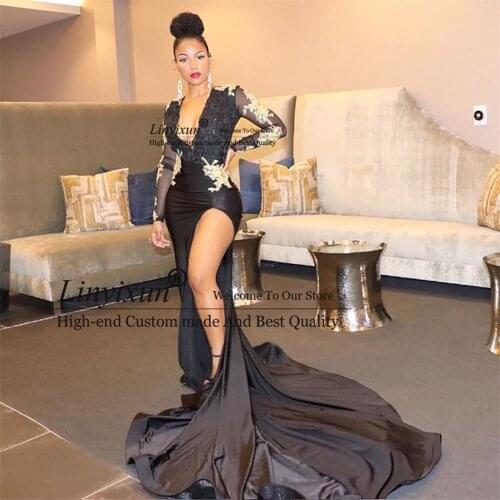 Sexy V-Neck Long Sleeve Ball Gown Prom Dresses Thigh-High Slits Black Mermaid Evening Dress Wrap Beaded Trumpet Prom Party Gowns