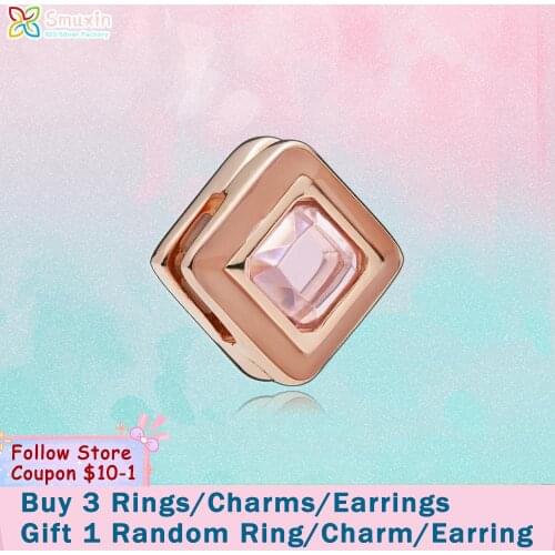 Smuxin 925 Sterling Silver Bead Pink Square Clip Charm fit Original Pandora Bracelets for Women Jewelry Making Brithday Gift