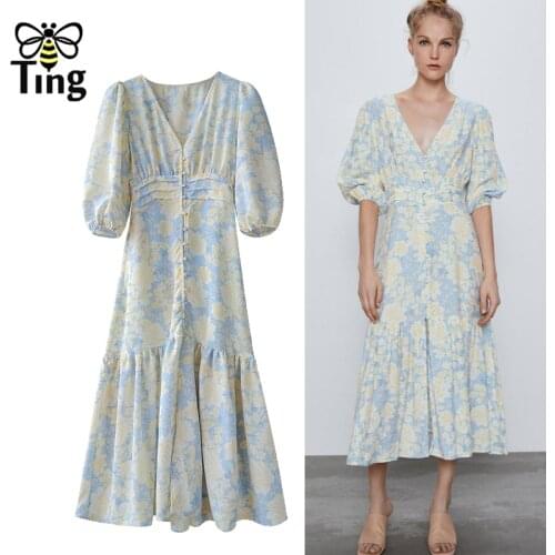 Tingfly Vintage Bohemian Floral Print France Chic Street Casual Midi Long Dress V Neck Single Breasted Ruffles Hem Boho Dress ZA