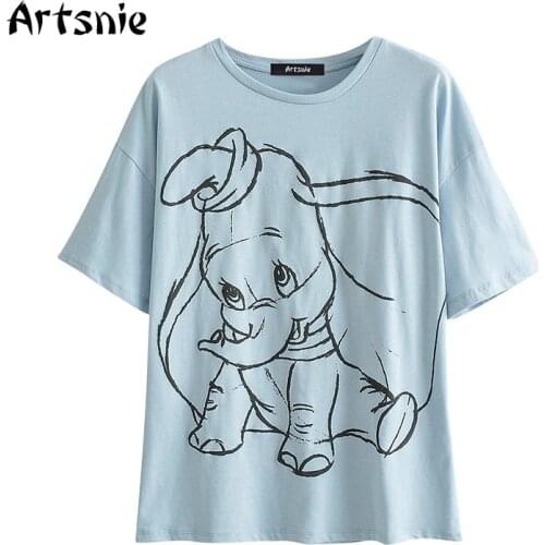 Artsnie disney cartoon sky blue t shirt women summer 2020 o neck short sleeve tops female sweet oversized cotton t-shirts mujer