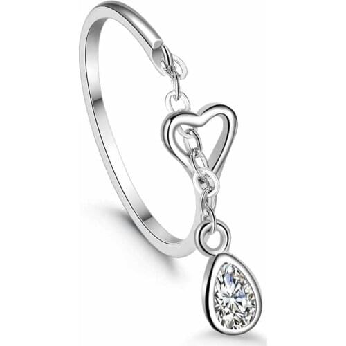 Water Drop Charm Ring For Women Clear Crystal Rhinestone Female 925 Sterling Silver Jewelry Wholesale Accessories