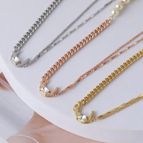 Women rose gold chain necklace with artificial pearl joint moon and star choker