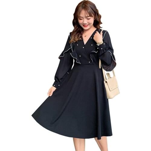 2020 Oversize Women Spring Long sleeve Dress Black Beaded Ruffled Dresses Plus size 4XL Female V-neck A-line Dress Elegant G955
