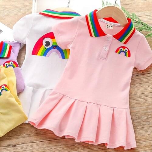 2021 Summer Dresses For Girls Cute Turn-down Collar Short Sleeve Pleated Frocks Kids Casual Clothes From 2 to 7 Years