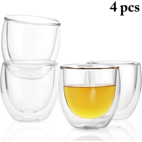 4PCS 2.7oz Heat Resistant Double Wall Insulated Espresso Glass Cup Tea Drink Cups Insulated Clear Coffee Glass Cup