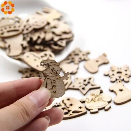 50PCS DIY Natural Wooden Chip Christmas Tree Hanging Ornaments Pendant Kids Gifts Snowman Tree Shape Xmas Ornaments Decorations