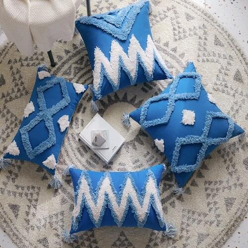 Free Shipping 45*45/30*50cm Morocco Bohemian Blue Tufted Nordic Style Waist Long Pillow Case Cushion Cover No Inner
