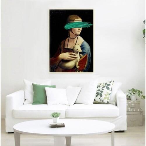 Leonardo Da Vinci-The Lady With An Ermine Canvas Art Paintings Cover Face Pop Art Canvas Picture For living Room Wall Decoration