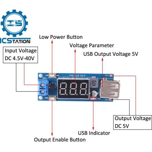 DC 4.5-40V to 5V 2A USB Charger LED Step Down Buck Converter with Voltmeter Module Low Power Consumption Automatic Protection