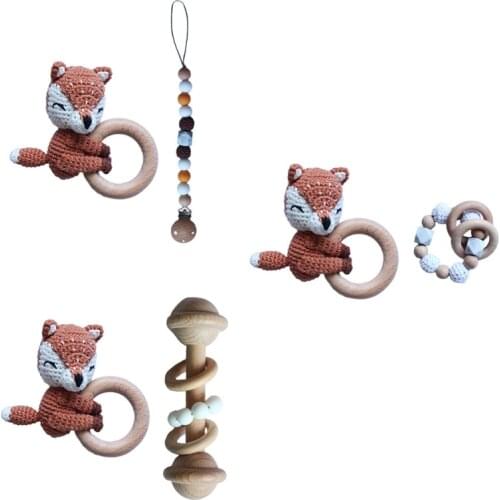 Baby Pacifier Clip Chain Dummy Holder Wooden Teething Bracelet DIY Crochet Animal Teether Infants Rattle Soother Molar