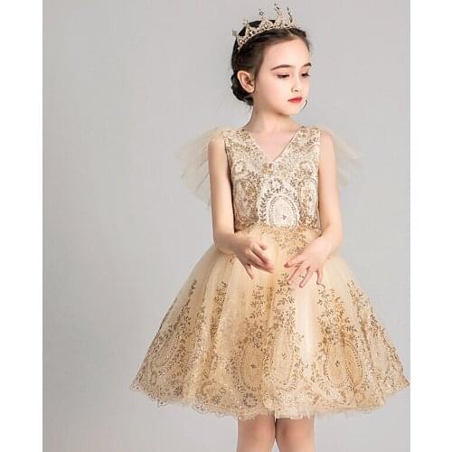 Golden Sequins Tulle Childrens Princess V-neck Wedding Dress Flower Girl Evening Dress Baby Girl Pageant First Communion Gown