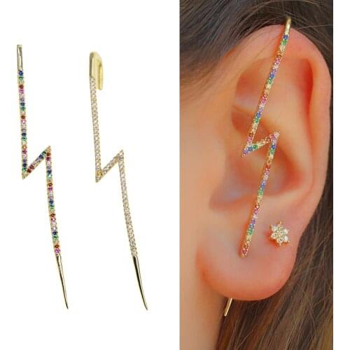 1 PIECE white rainbow cubic zirconia cz jewelry gold filled summer new lightning bolt long clip cuff earring
