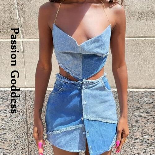 Women 2 Piece Denim Skirts Sets Backless Chain Halter Crop Tops High Waist Single-breasted Ruffle Denim Skirts Two Piece Outfits