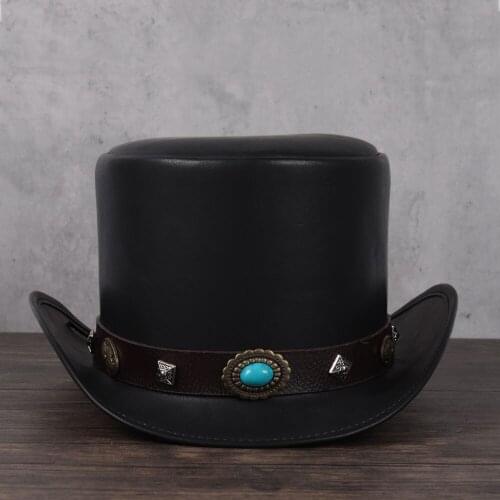 Women Men Leather Top Hat President Traditional Fedoras Hat Magician Steampunk Cosplay Party Caps Dropshiping 3Size 13CM Top