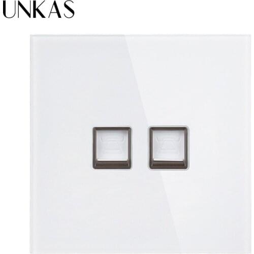 UNKAS RJ11 Tel Jack 2Gang Double Telephone Socket Outlet Wiring Accessories White Luxury Crystal Tempered Glass Frame Double