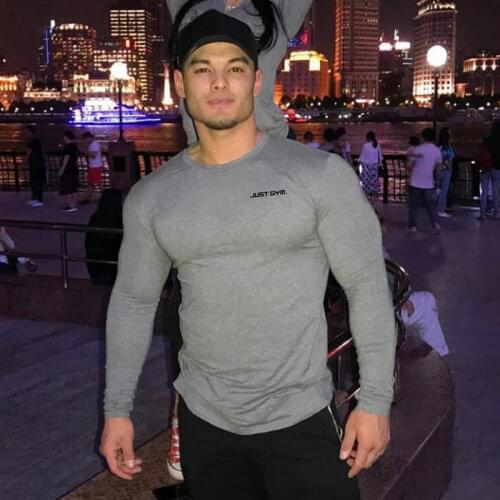 Muscleguys Bodybuilding long sleeve T-shirt men brand gym clothing casual Letters print T shirt male tops stretch o neck Tshirt