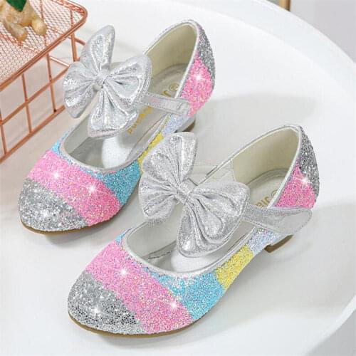 Hot Girl fashion princess crystal shoes Comfortable and breathable soft sole leather shoes child Bowknot High heel shoes
