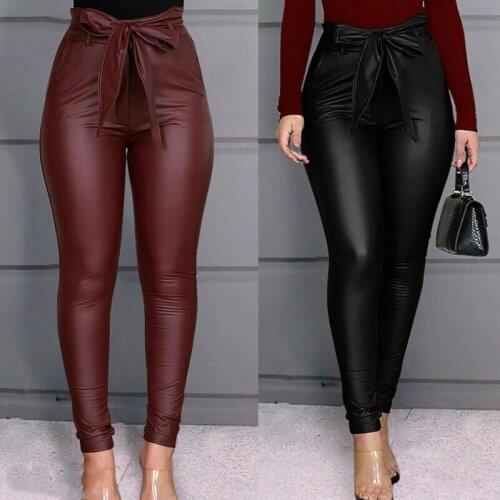 Hot Sexy Fashion Womens Stretch High Waist Pencil Pants Skinny PU Leather Long Solid Sexy Slim Club Party Casual Pocket Trousers