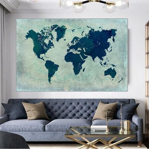 Blue World Map Picture Canvas Painting Modern HD Printed Poster Wall Decor Art Picture for Living Rroom Office Study Home Decor