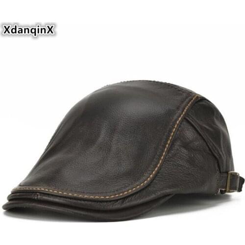 XdanqinX Adult Mens Genuine Leather Hat Simple Fashion Berets Brands Cowhide Leather Cap Adjustable Size Men Leather Beret Hats