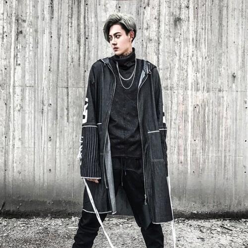 Cross Ribbon Overcoats Men High Street Fashion Printing Hip Hop Punk Style Long Hooded Trench Jacket Male Loose Coat