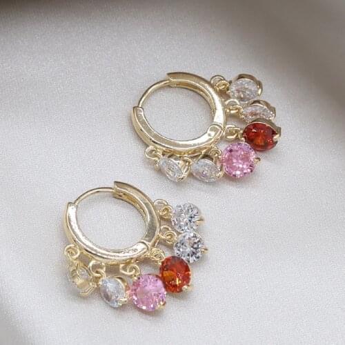 New Fashion Jewelry Exquisite Copper Inlaid Colored Zircon Tassel Pendant Small Round Earrings Elegant Womens Wedding Earrings