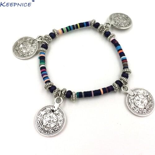 New European Boho Jewelry Suppliers Handcrafted Bracelet Muticolos Polymer Clay Beaded Bracelets Tassel Coin Charm Bracelet