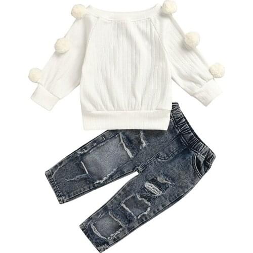 DFXD 2020 Autumn Kids Clothes Set 100% Cotton Fashion White Long Sleeve Fur Ball Knitted Shirt+Big Hole Denim Pant Outfit 2-7Yrs