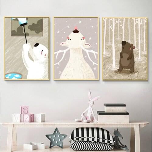 Woodland Animals Polar Bear Wall Poster Canvas Art Simple Cartoon Painting Nordic Kid Decoration Picture Baby Boy Bedroom Decor