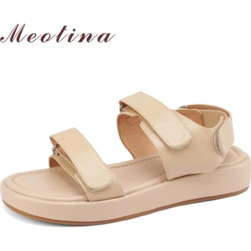 Meotina Shoes Women Genuine Leather Sandals Flat Sandals Round Toe Cow Leather Ladies Footwear Summer Apricot Beige 2021 Fashion