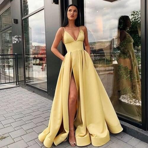 Sexy V Neck Satin Dresses Spaghetti Strap Side Slit Dress High Waist Evening Gowns Party Dress Robe de soiree
