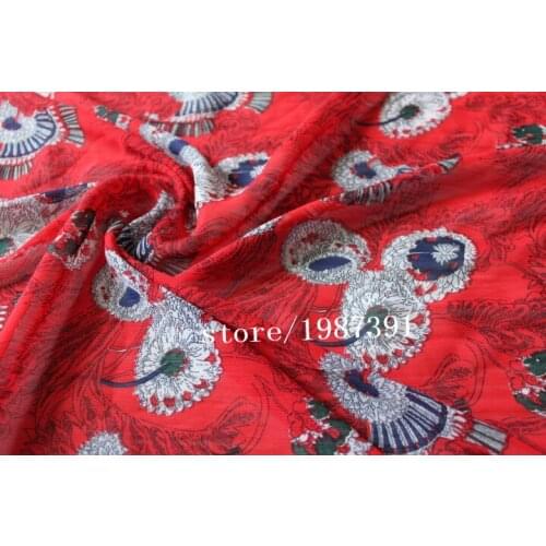 150cm width Chiffon crepe fabric big flowers pattern red background can see through for skirt suit-dress headband CH-8179