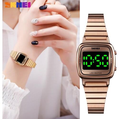SKMEI Top Luxury Women Digital Watch LED light Display Ladies Clock Stainless Steel Waterproof Bracelet Wristwatch Montre Femme