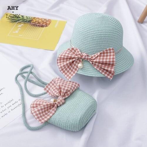 Summer Outdoor Cute Girls Straw hat Baby Sun Hat Should bag Handbag For Tour Kid Princess Big Bow Beach Hats For Party