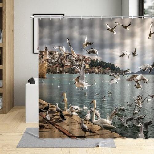Seagull Birds Seaside Scenery Ocean Bathroom Decor Screens Waterproof Polyester Fabric Shower Curtains With Hooks Bath Curtains