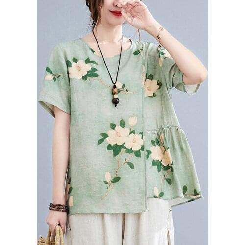 Women Summer Cotton Linen Casual T-shirts New Arrival 2021 Vintage Style Floral Print Loose Female Short Sleeve Tops Tees B574