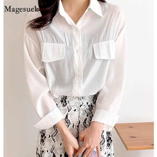 2020 Summer Vintage Loose Chiffon Blouse Long Sleeve Woman Turn-down Collar Shirt Solid Pocket Chic Lady Clothing Blusas 10008