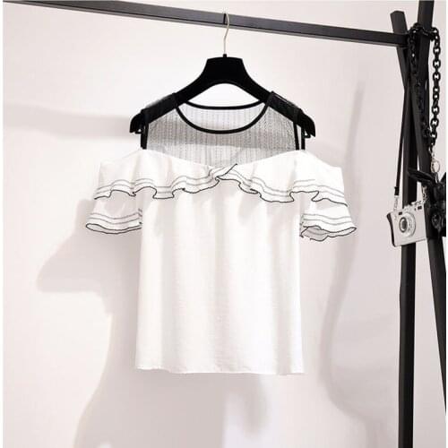 2019 summer new womens chiffon shirt lotus leaf sleeves off shoulder T-shirt sequins mesh transparent T-shirt
