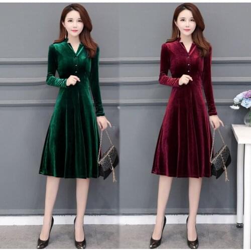 Woman Dresses Autumn Winter Clothing Pleuche Dress Womens Long Sleeve V-neck Mid-Length Skirt Vestido De Mujer Femme Robe