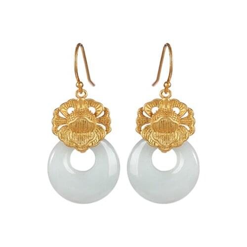 S925 sterling silver gold-plated natural emerald earrings vintage Lotus peace buckle womens ear hook earrings