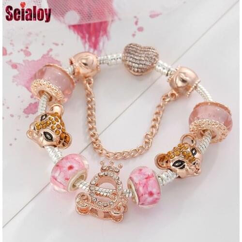 Rose Gold Lion Crown Princess Carriage Charm Bracelet Bangle Original Heart Buckle Pink Murano Glass Beads Bracelets For Women