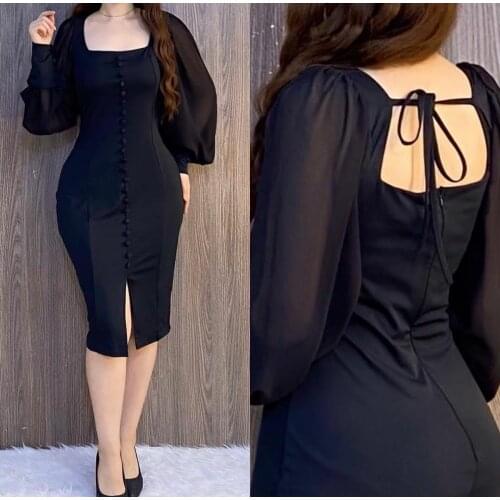 Elegant Sheath Sqaure Collar Satin Black Prom Dresses Open Back Front Slit Robe De Soiree Tea Length Formal Party Gown