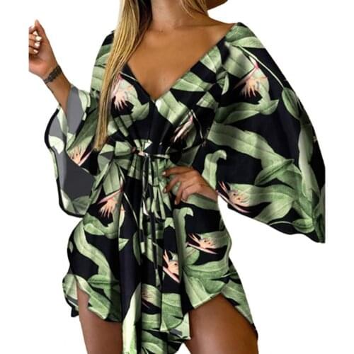 Asymmetrical Hem Mini Dress Tropical Print Sexy Tie Front V Neck Women Dress Beachwear