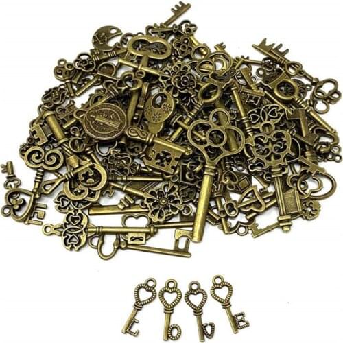 125Pcs Car Vintage Antique Bronze Plated Metal Love Heart Key Charms Pendant DIY Jewelry Making Findings Craft Home Decoration