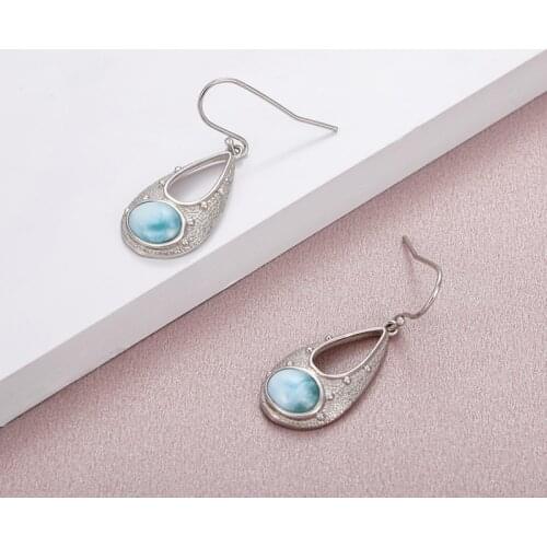 925 Sterling Silver Jewelry for Women Larimar Earring New Fashion Natural Precious Texture Restoring Ancient Ways Rhodium Plated